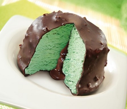 Mint ice cream with chocolate sauce centre and chocolate and mint coating