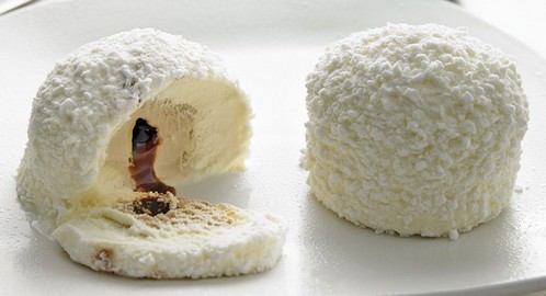 Coffee ice cream centre surrounded by 'panna' ice cream and covered with crushed meringue pieces